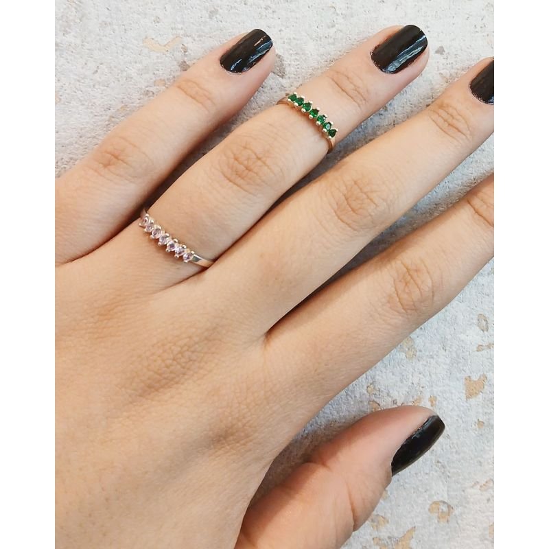 Anel Meia Aliança Rosa - Prata 925