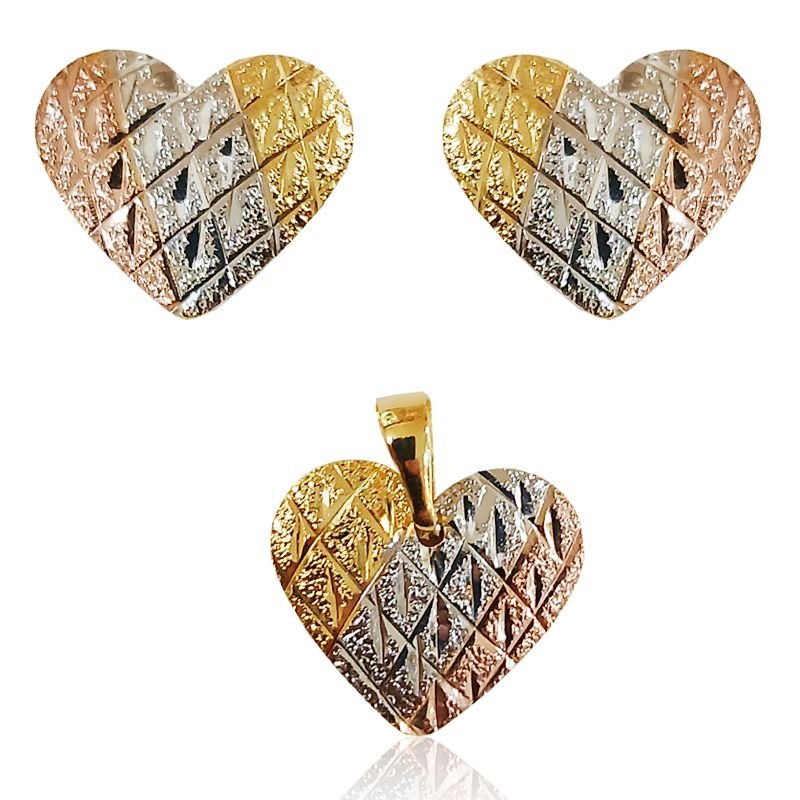 Conjunto Brinco e Pingente Coração Tricolor - Folheado a Ouro 18k