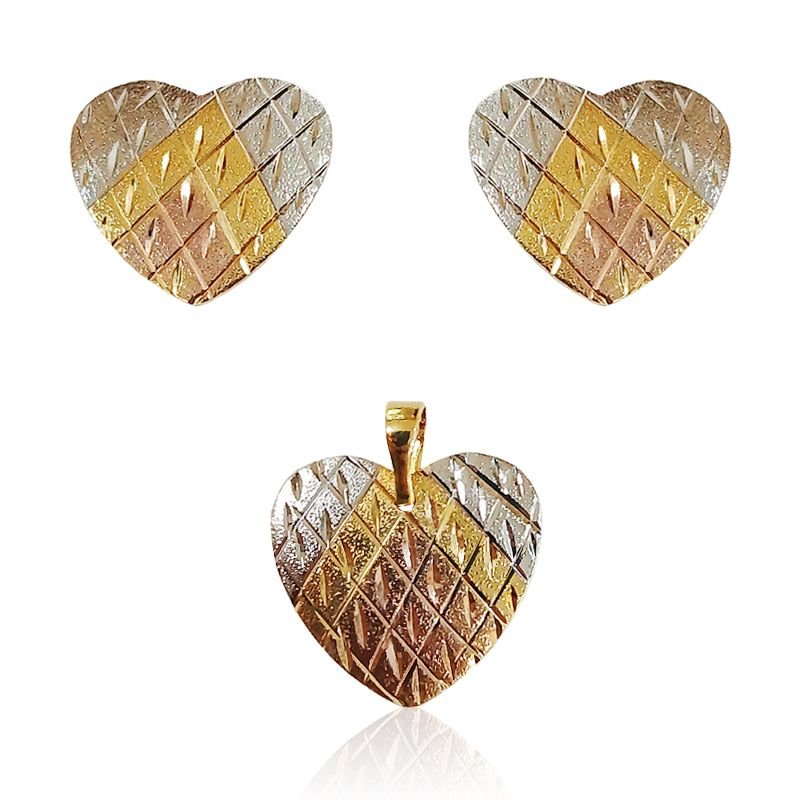 Conjunto Brinco e Pingente Coração Tricolor - Folheado a Ouro 18k