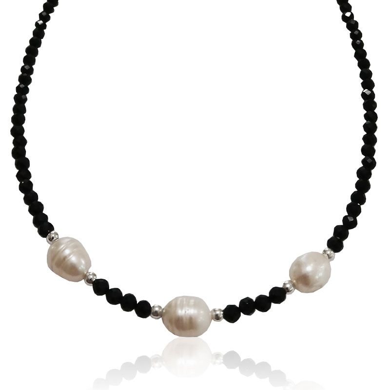 Gargantilha Ônix com Pérolas Naturais - Prata 925